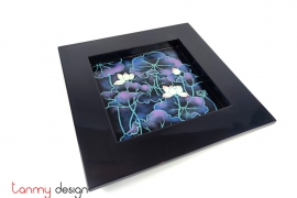 Dark blue square lacquer tray with hand painted lotus/ M 29cm